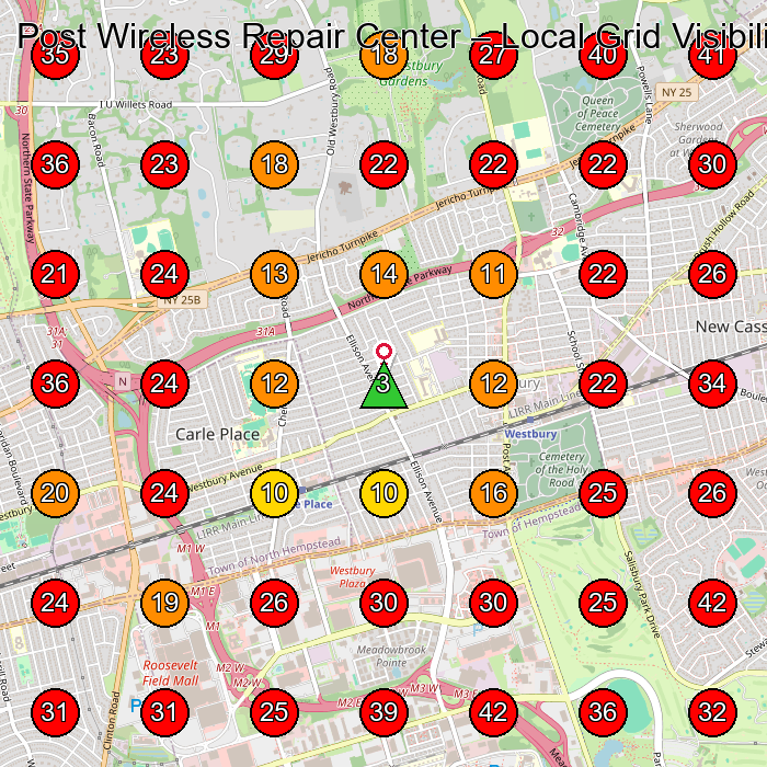 Post Wireless Repair Center GeoGrid visibility map for Phone Repair Service in Plainview